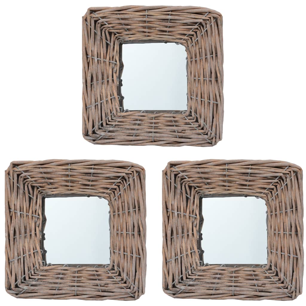 Three square 5.9x5.9-inch wicker-framed wall mirrors arranged in a set.
