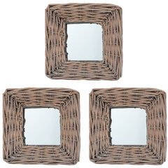 Three square 5.9x5.9-inch wicker-framed wall mirrors arranged in a set.