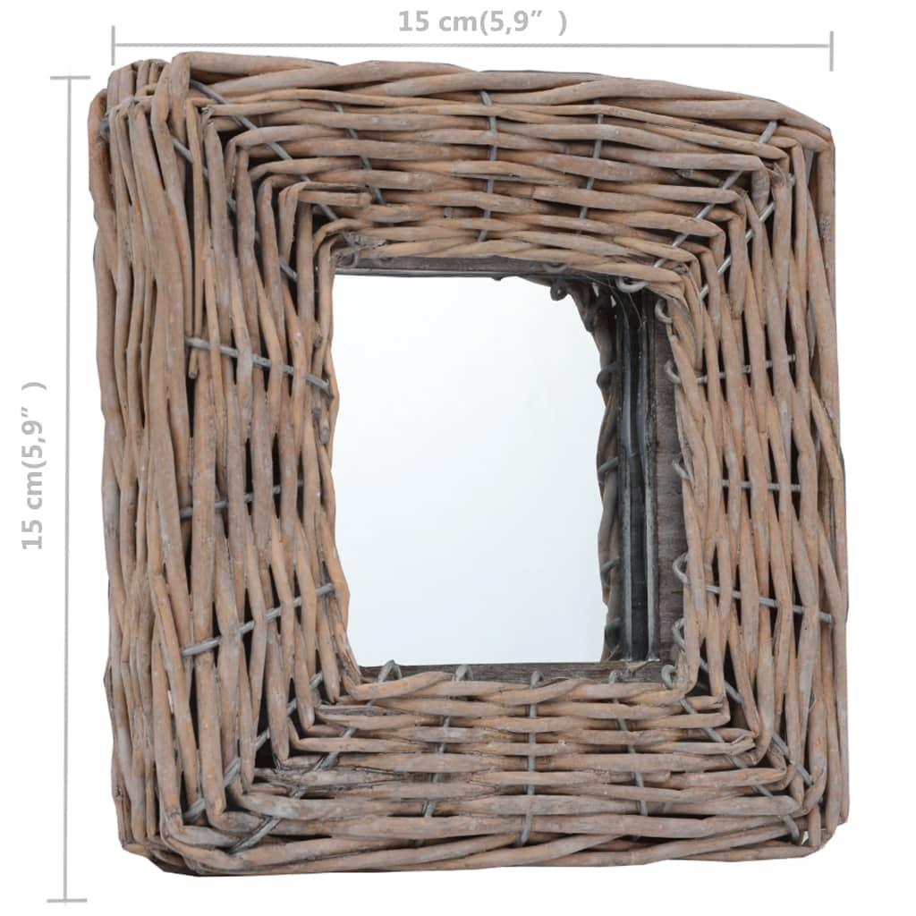 Three 5.9x5.9 inch square wicker-framed wall mirrors with dimensions shown.