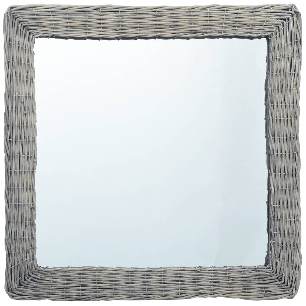 Square 19.7x19.7-inch wall mirror with handwoven wicker rattan frame.