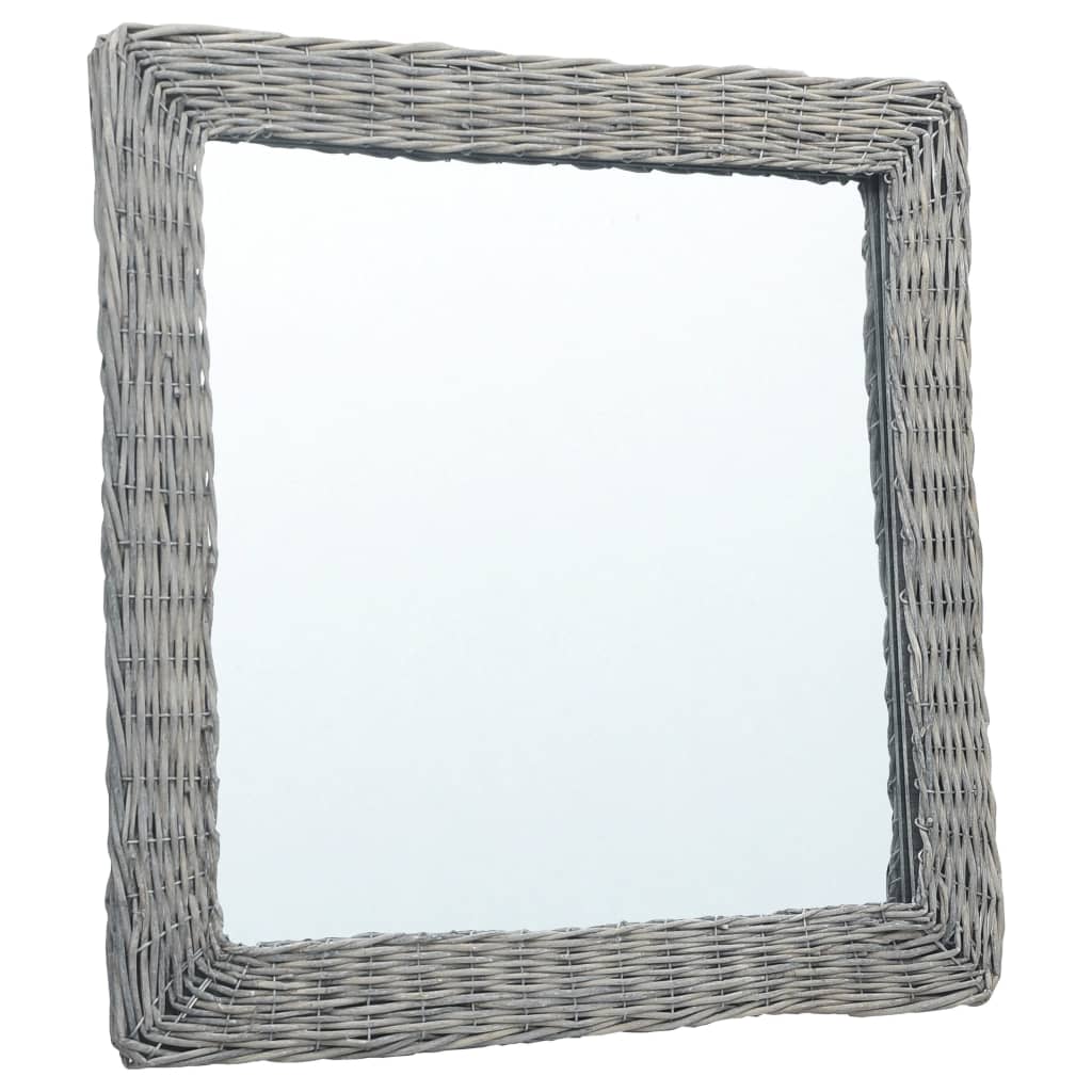 Square 19.7x19.7-inch wicker rattan wall mirror with gray woven frame.