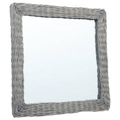 Square 19.7x19.7-inch wicker rattan wall mirror with gray woven frame.