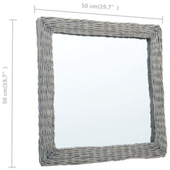 Square 19.7-inch wicker rattan wall mirror with dimensions shown.