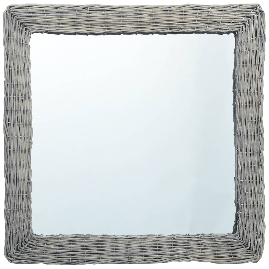 Square wicker rattan wall mirror measuring 23.6 by 23.6 inches.