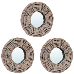 Three 5.9-inch round wicker wall mirrors with rattan frames, arranged in a triangular display.
