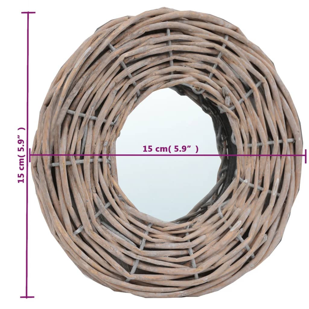 Three 5.9-inch round wicker wall mirrors with rattan frames, shown with size markings.