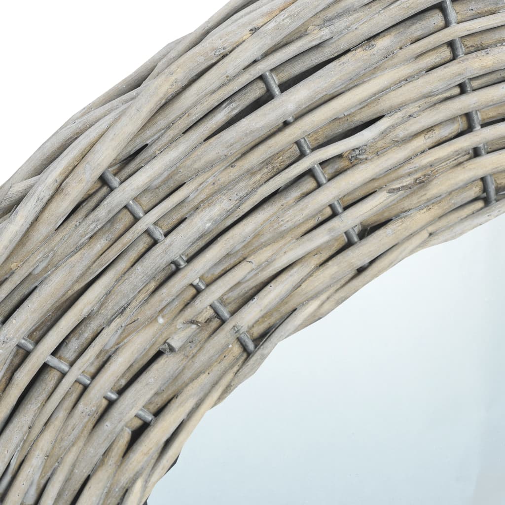 A 19.7-inch round wall mirror with a handwoven white wicker rattan frame.