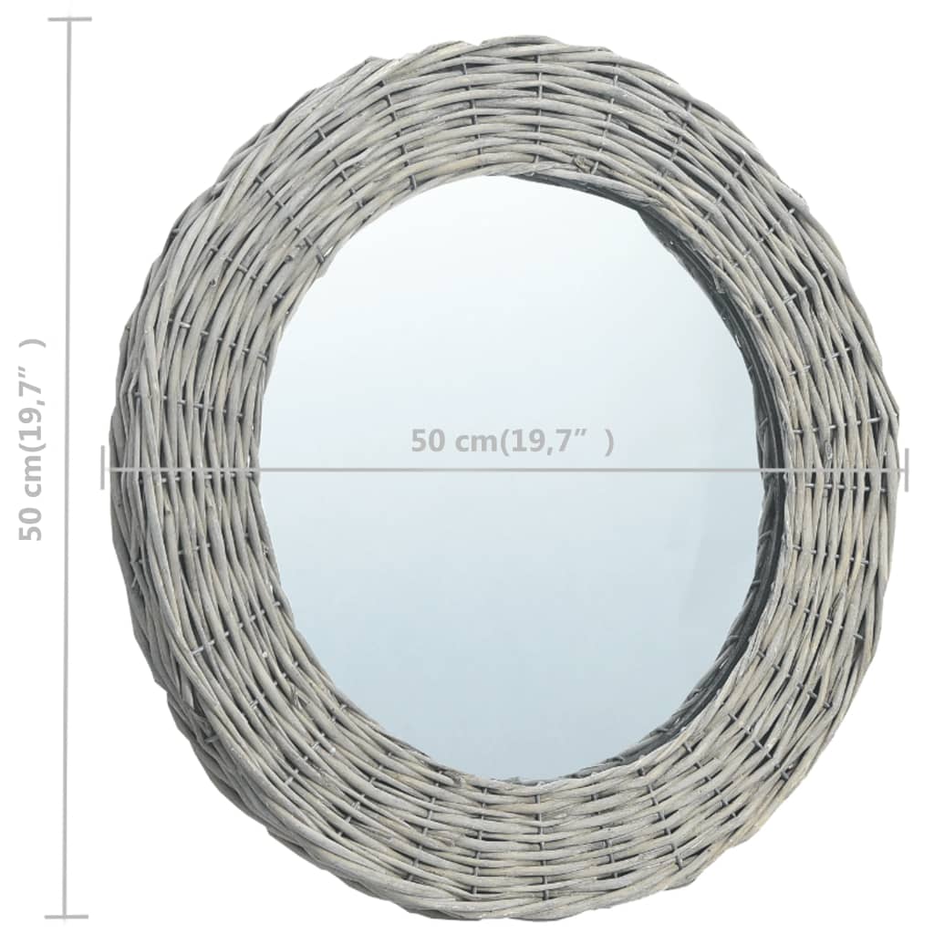 Round 19.7-inch wicker rattan wall mirror with woven frame and dimensions shown.