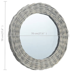 27.6-inch round wall mirror with hand-woven wicker rattan frame.