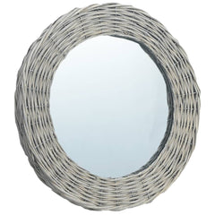 31.5-inch round wall mirror with natural wicker rattan frame.