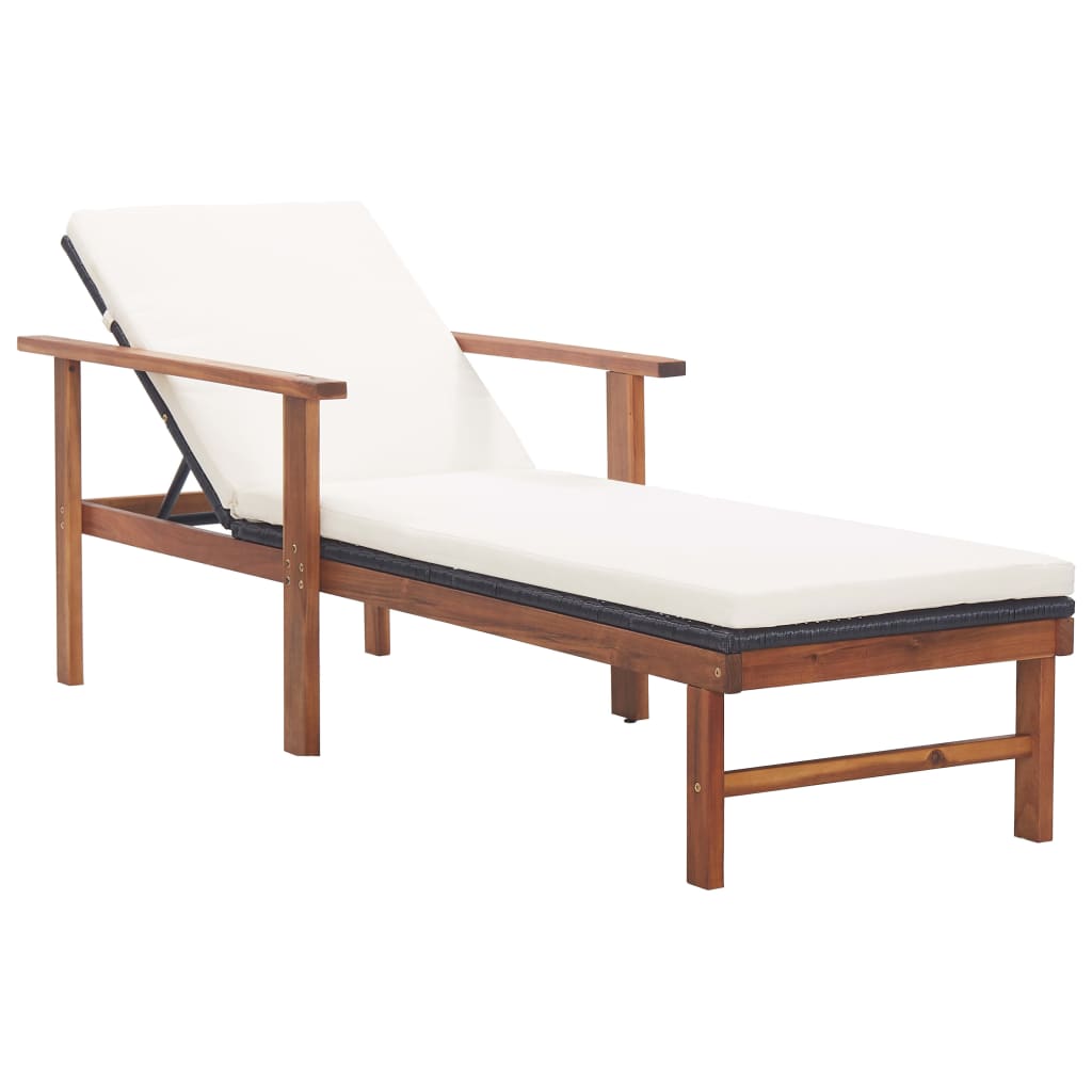 Sunlounger Black, Cream White Poly Rattan, Acacia Wood, Polyester