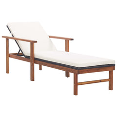 Sunlounger Black, Cream White Poly Rattan, Acacia Wood, Polyester