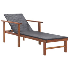Sunlounger Black, Cream White Poly Rattan, Acacia Wood, Polyester