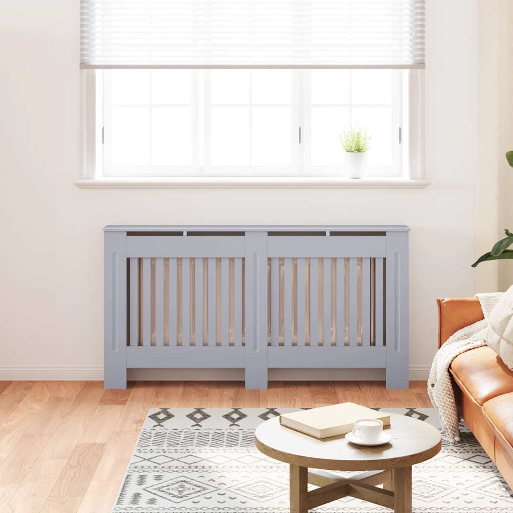 Anthracite MDF radiator cover with slatted front and top shelf, sized 59.8x7.5x32.1 cm.