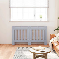 Anthracite MDF radiator cover with slatted front and top shelf, sized 59.8x7.5x32.1 cm.