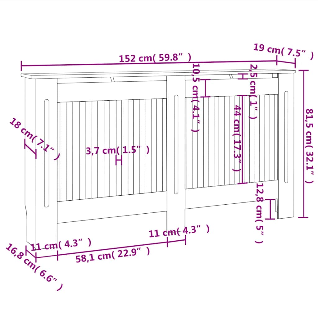 Anthracite MDF radiator cover with slatted design and top shelf, measures 59.8x7.5x32.1 cm.