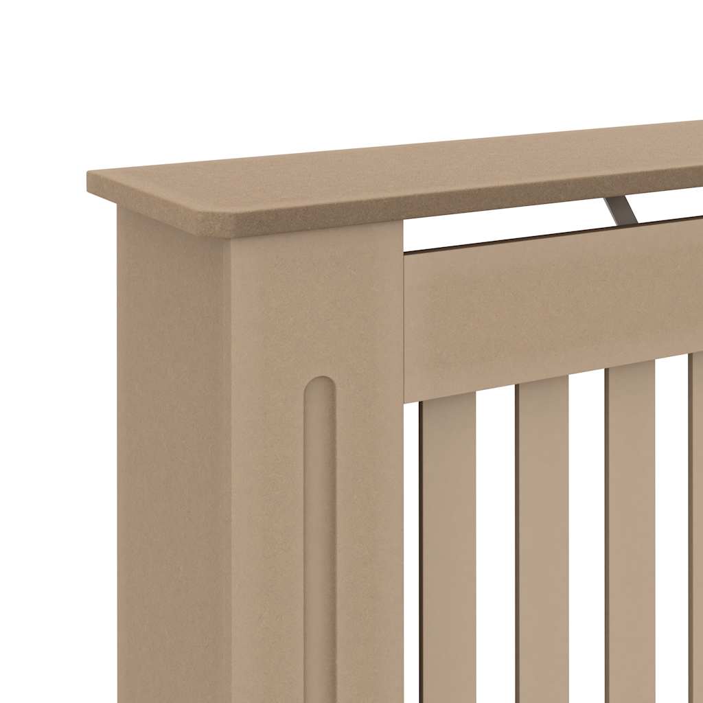 Modern slatted MDF radiator cover in beige, side view showing vertical slats and top shelf.