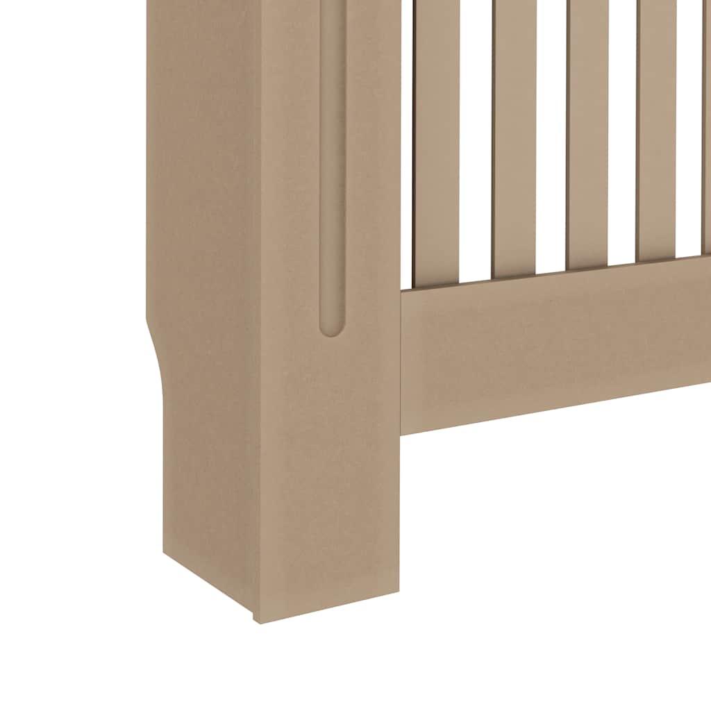 Close-up of beige MDF radiator cover corner with vertical slats and smooth finish.