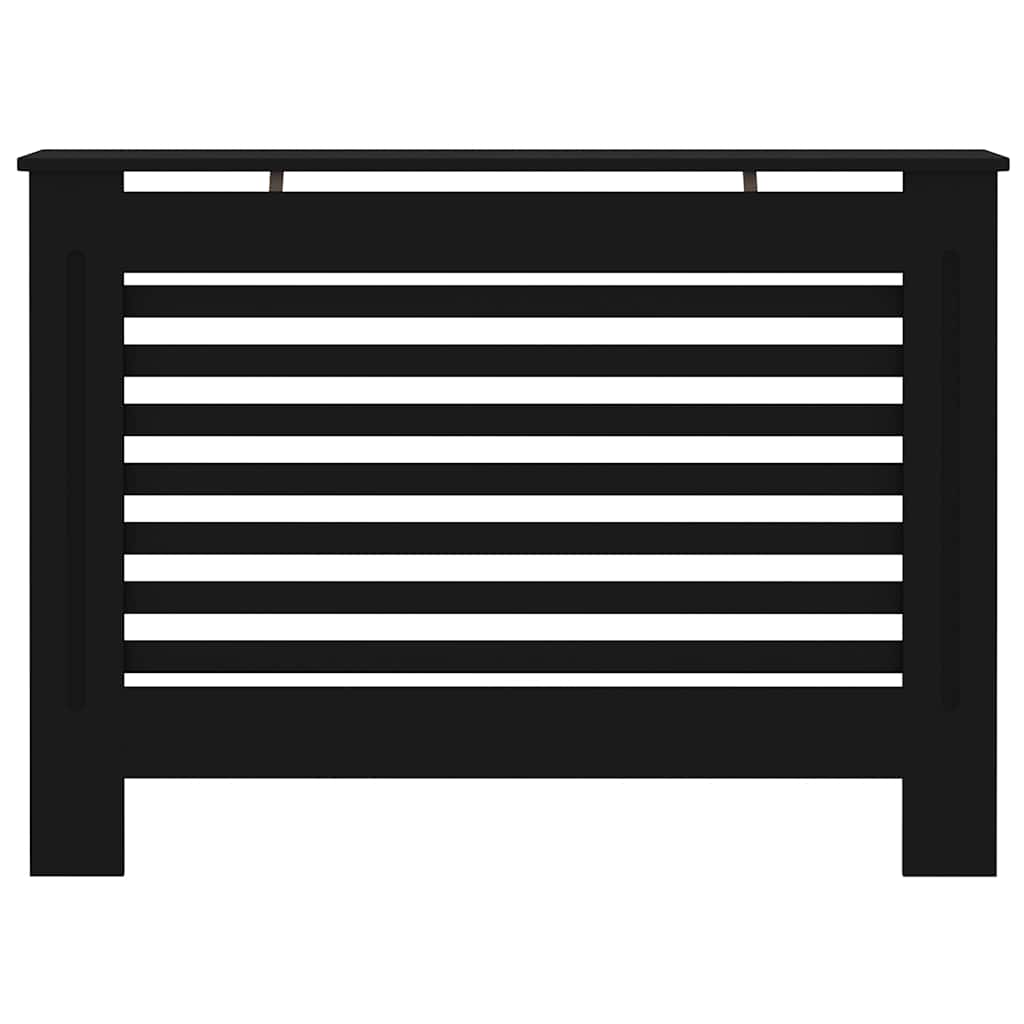 Black MDF radiator cover with slats and top shelf, 44.1x7.5x32.1 inches.
