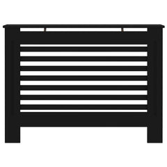 Black MDF radiator cover with slats and top shelf, 44.1x7.5x32.1 inches.