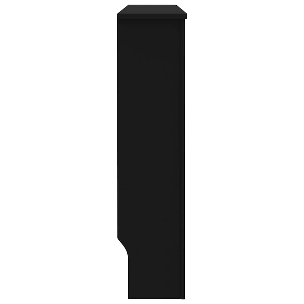 Black MDF radiator cover with slatted design, measuring 44.1 by 7.5 by 32.1 inches.
