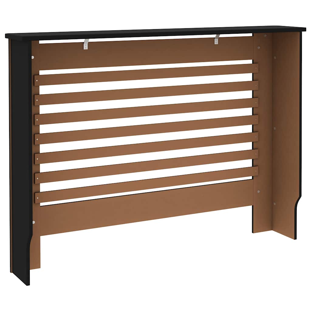 Black MDF radiator cover with slatted design and top shelf, measuring 44.1x7.5x32.1 inches.