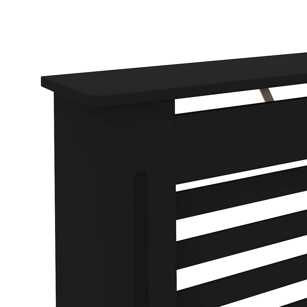 Black MDF radiator cover with slatted design and top shelf, 44.1x7.5x32.1 inches.