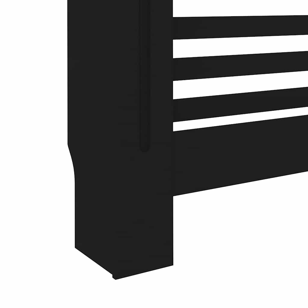 Black MDF radiator cover with slatted design and top shelf, sized 44.1x7.5x32.1 inches.