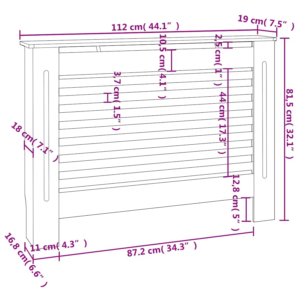 Black MDF slatted radiator cover with dimensions 44.1 x 7.5 x 32.1 inches.
