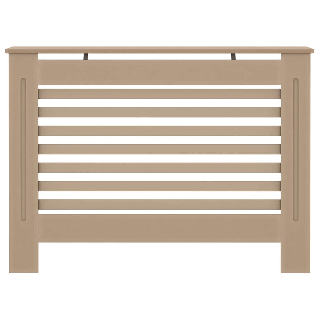 Beige MDF radiator cover with slatted design and top shelf, measuring 44.1 by 7.5 by 32.1 inches.