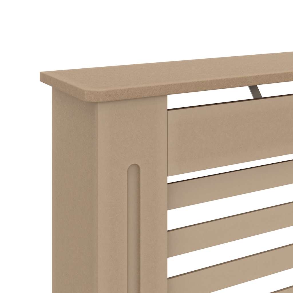Beige MDF radiator cover with slatted design and flat top shelf, measuring 44.1x7.5x32.1 inches.