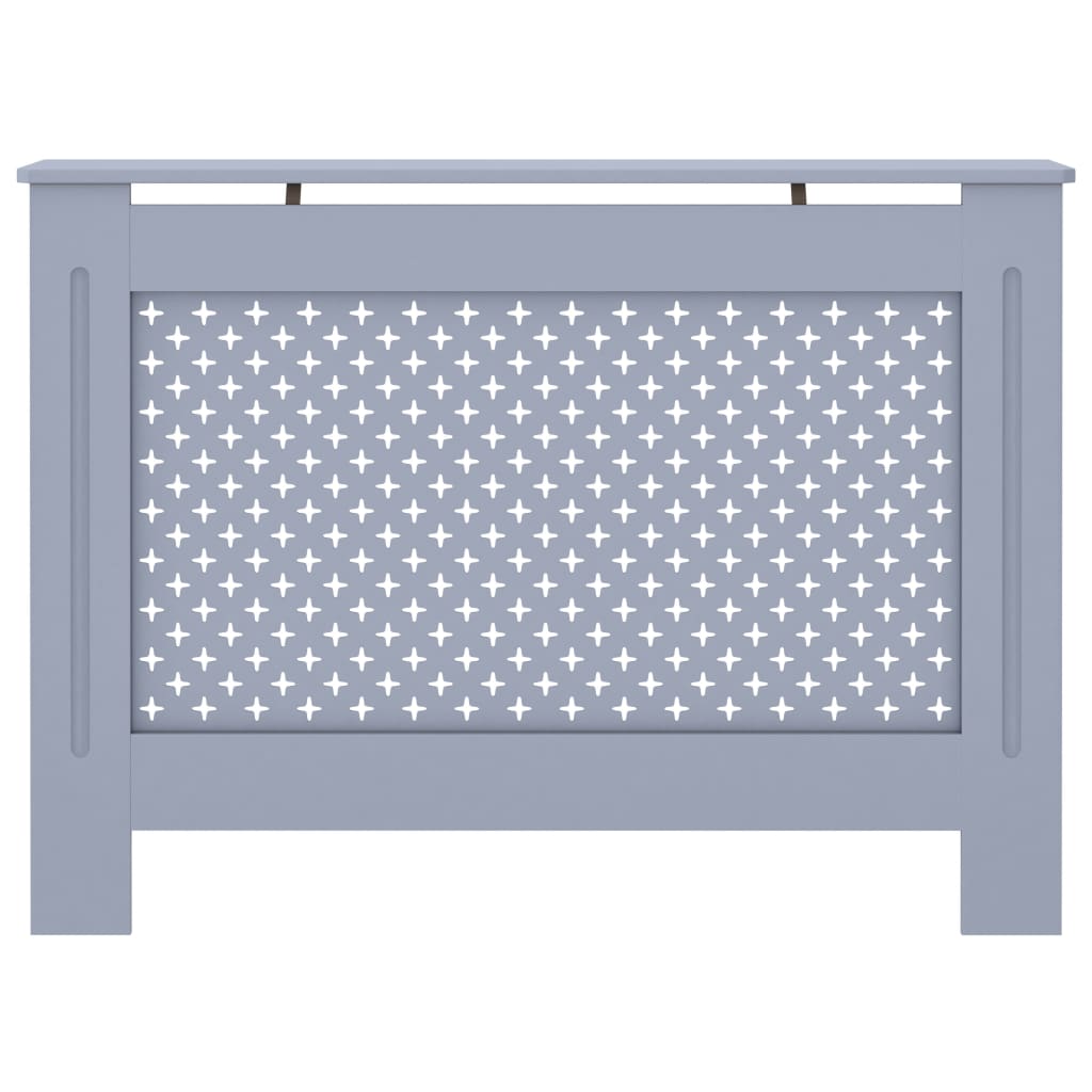 Anthracite MDF radiator cover with slatted front and top shelf, 44.1x7.5x32.1 inches.