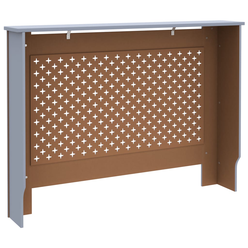 Anthracite MDF radiator cover with honeycomb front panel and top shelf, 44.1x7.5x32.1 inches.