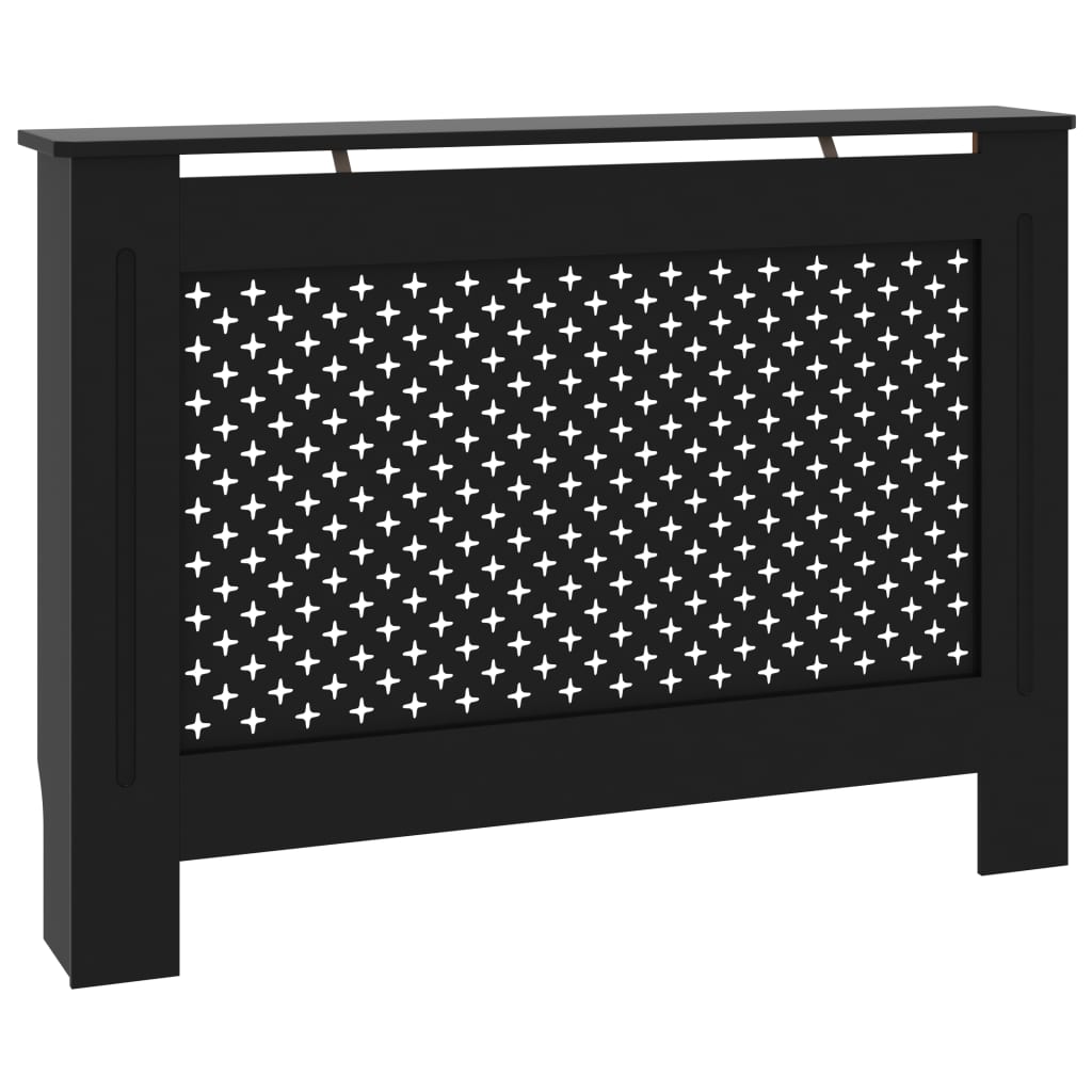 Black MDF radiator cover with honeycomb slatted design and sturdy top shelf