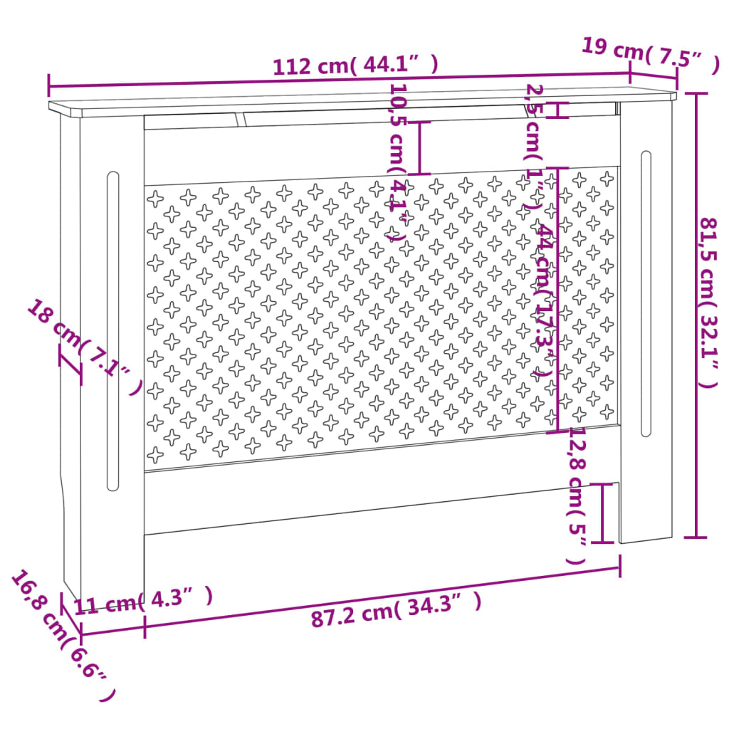 Black MDF radiator cover with honeycomb slatted design and top shelf, 44.1x7.5x32.1 inches.
