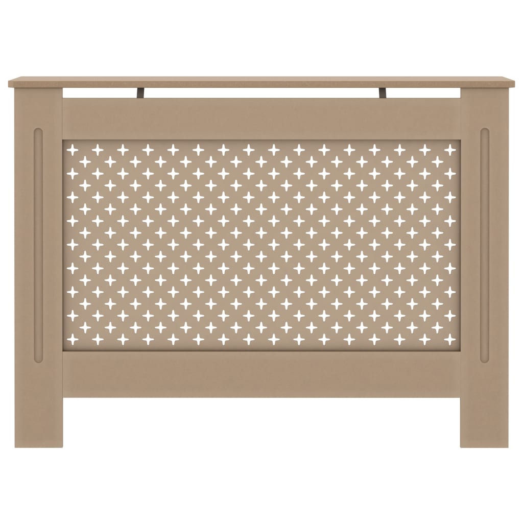 Brown MDF radiator cover with slatted design, measuring 44.1x7.5x32.1 inches.