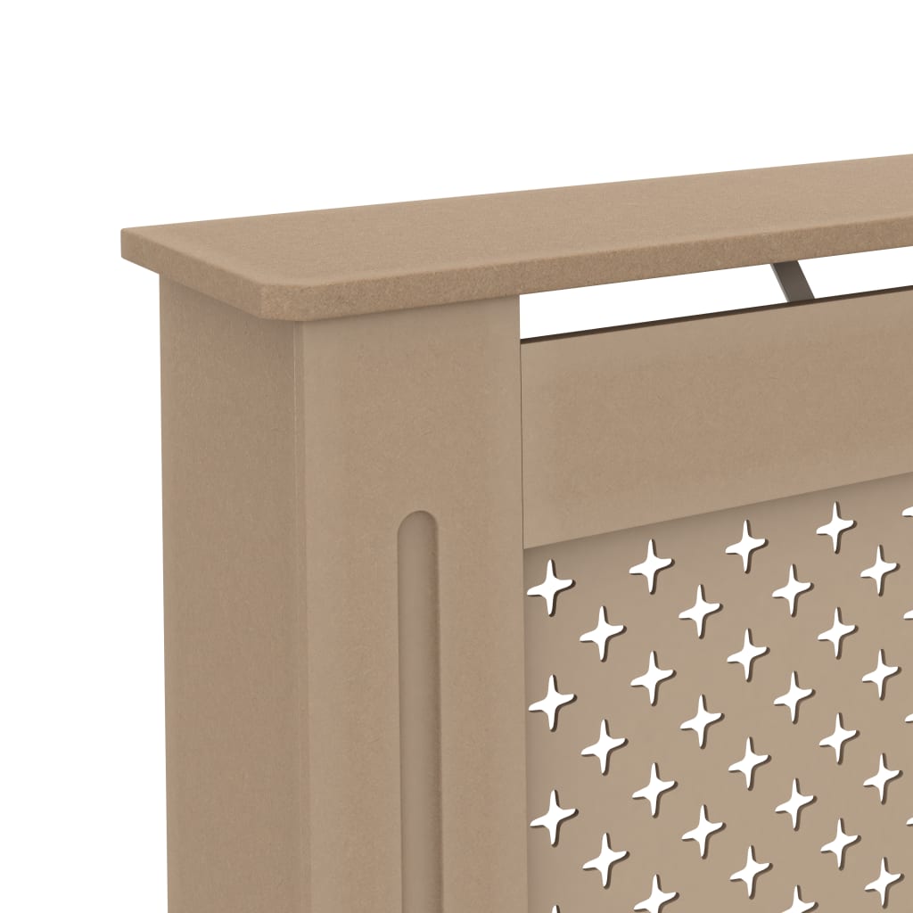 Beige MDF radiator cover with slatted design, measuring 44.1x7.5x32.1 inches.
