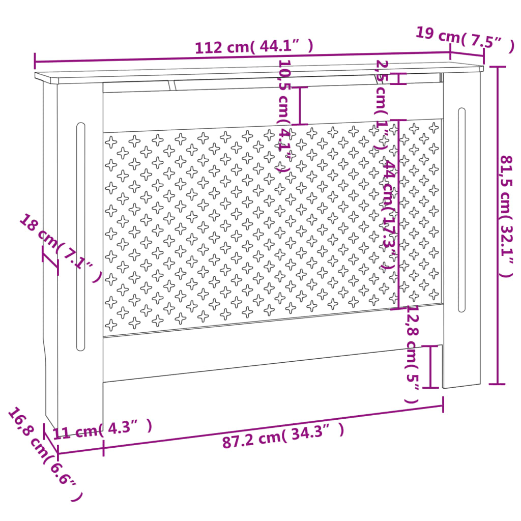 Diagram of Bostome MDF radiator cover showing slatted design and dimensions 44.1 x 7.5 x 32.1 inches.