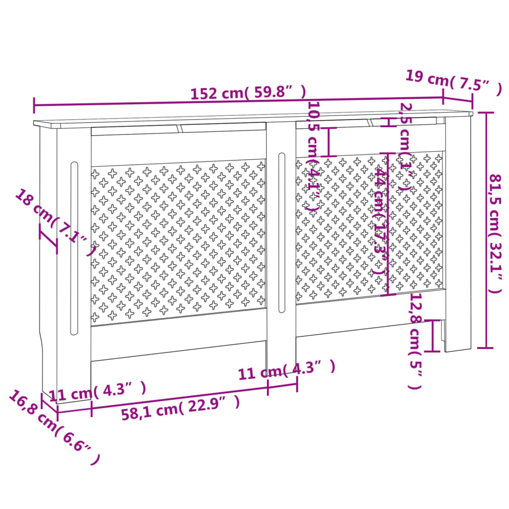 Anthracite MDF radiator cover measuring 59.8x7.5x32.1 inches with slatted sides and dimensions diagram.