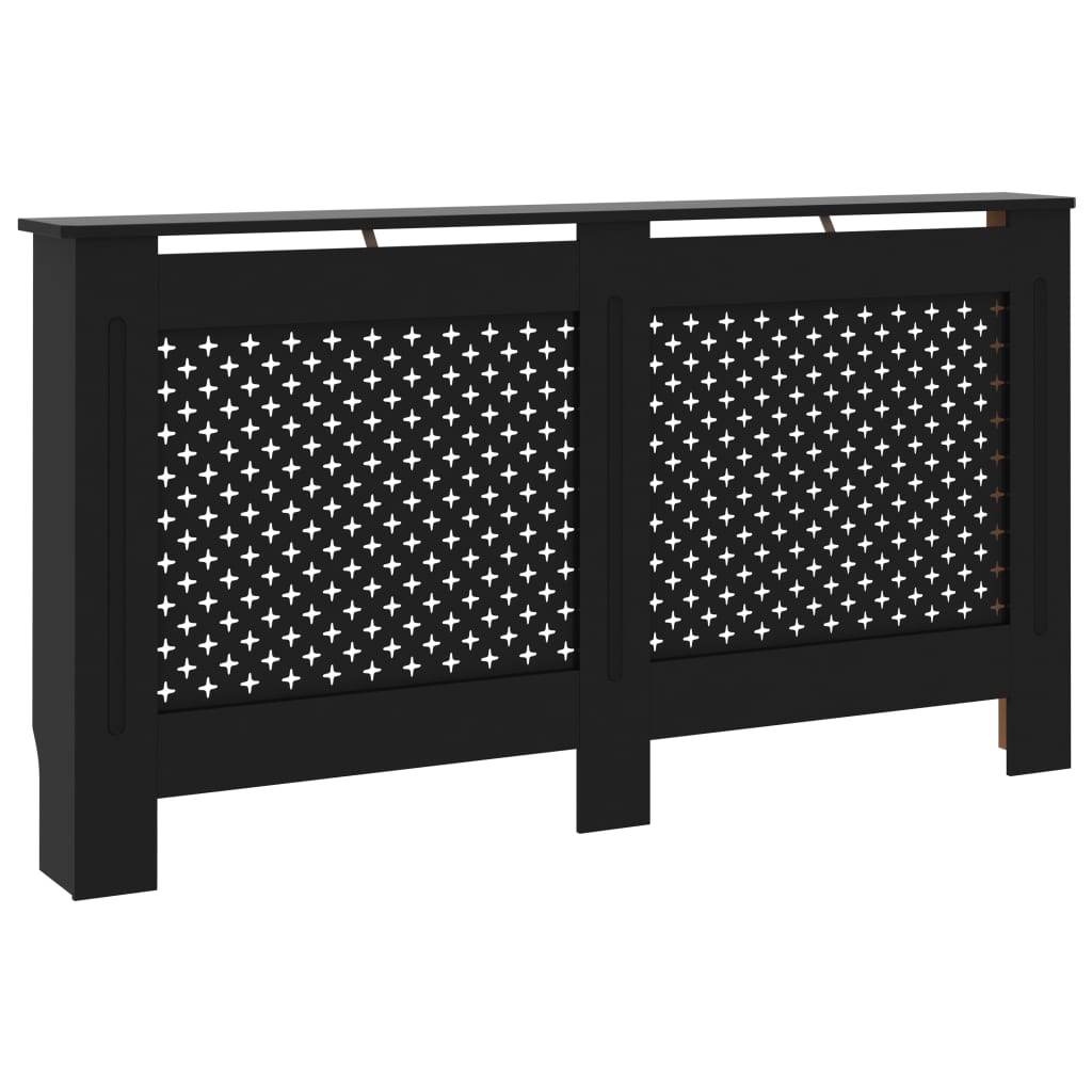 Black MDF radiator cover with slatted design, measuring 59.8x7.5x32.1 inches.
