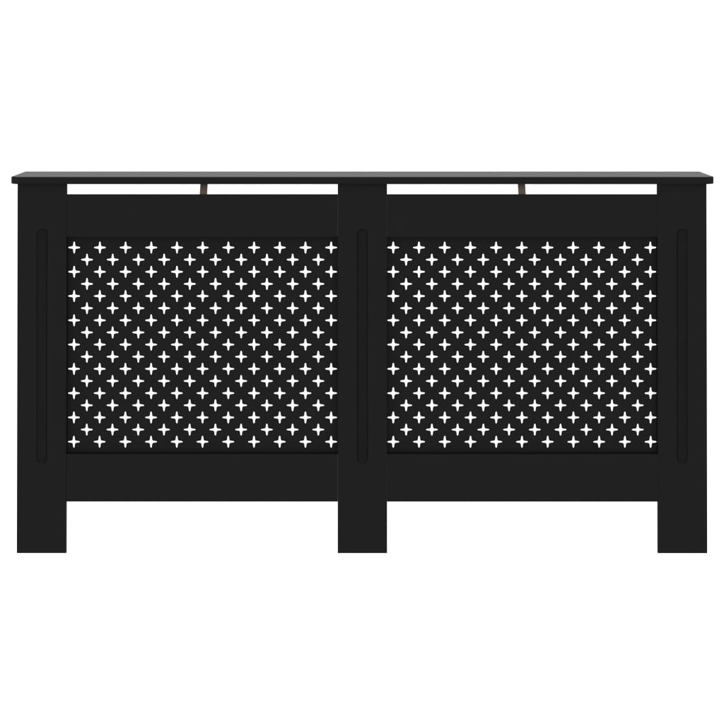 Black MDF radiator cover with slatted design, measuring 59.8x7.5x32.1 inches.