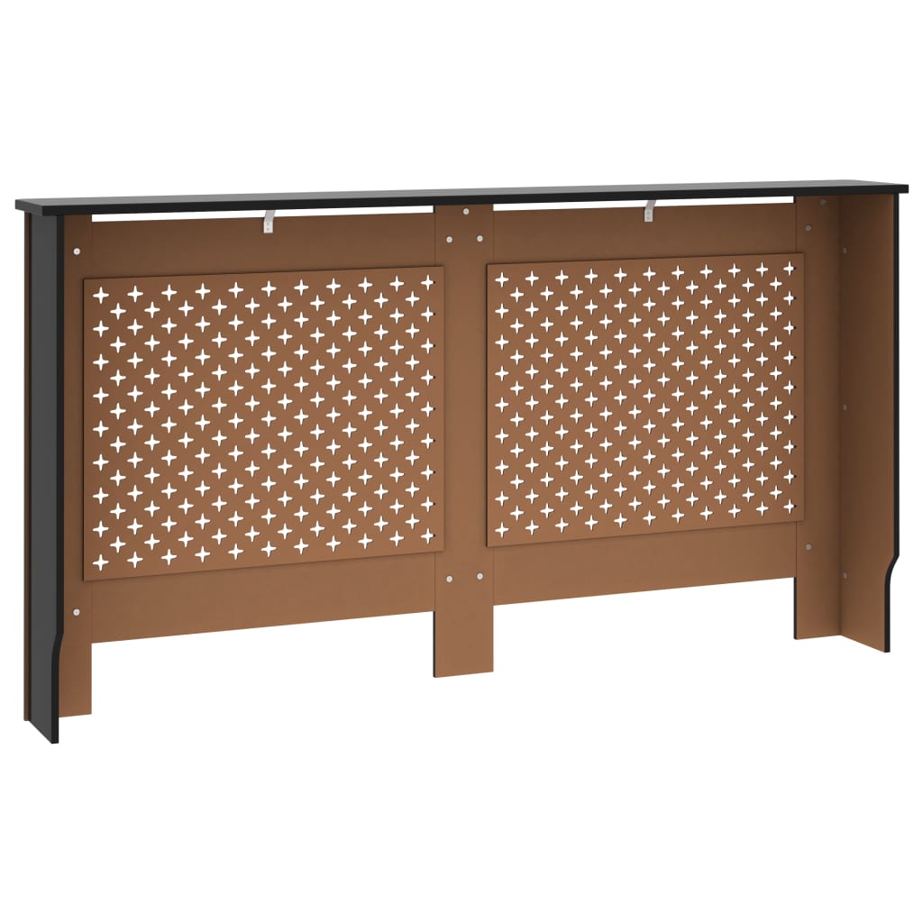 Black MDF radiator cover with slatted design, measuring 59.8x7.5x32.1 inches.