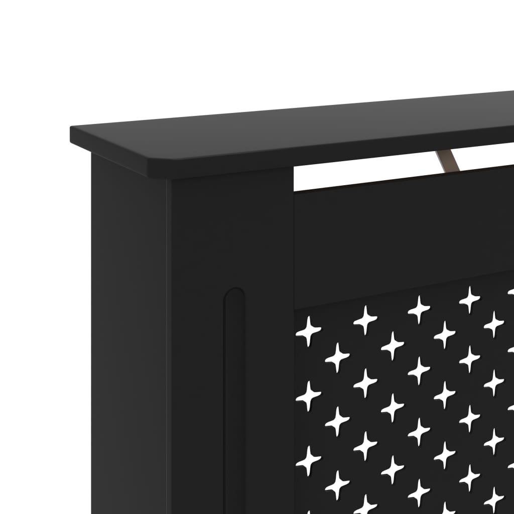A black MDF radiator cover with a slatted design featuring star-shaped cutouts.