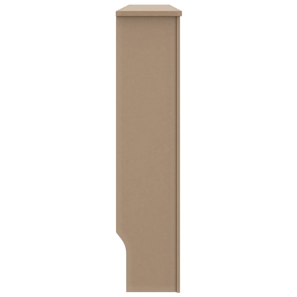 Side view of a beige slatted MDF radiator cover measuring 59.8x7.5x32.1 inches.