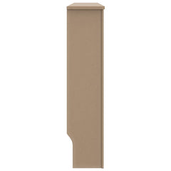Side view of a beige slatted MDF radiator cover measuring 59.8x7.5x32.1 inches.