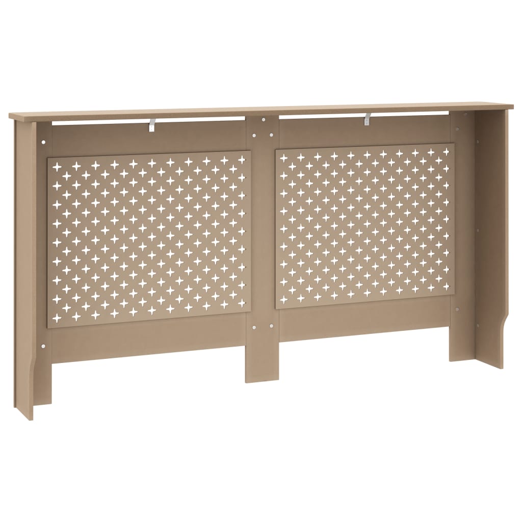 Beige MDF radiator cover with slatted design, measuring 59.8x7.5x32.1 inches.