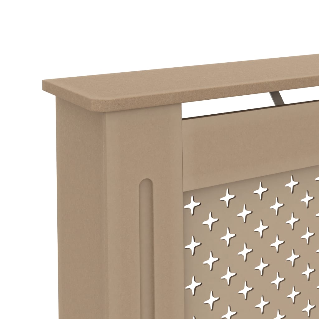Beige MDF radiator cover with slatted design and top shelf, measuring 59.8x7.5x32.1 inches.