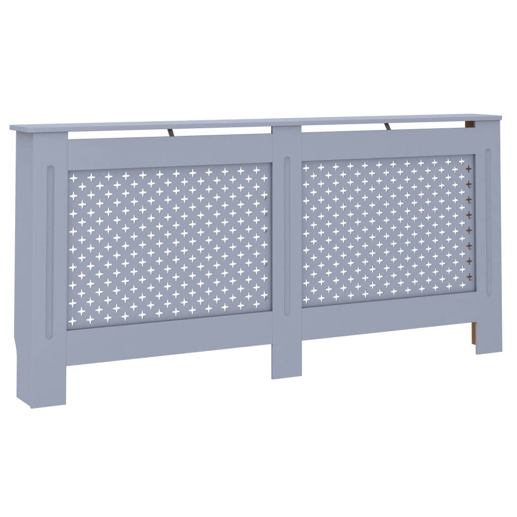 Anthracite MDF radiator cover measuring 67.7x7.5x32.1 cm with slatted panels.