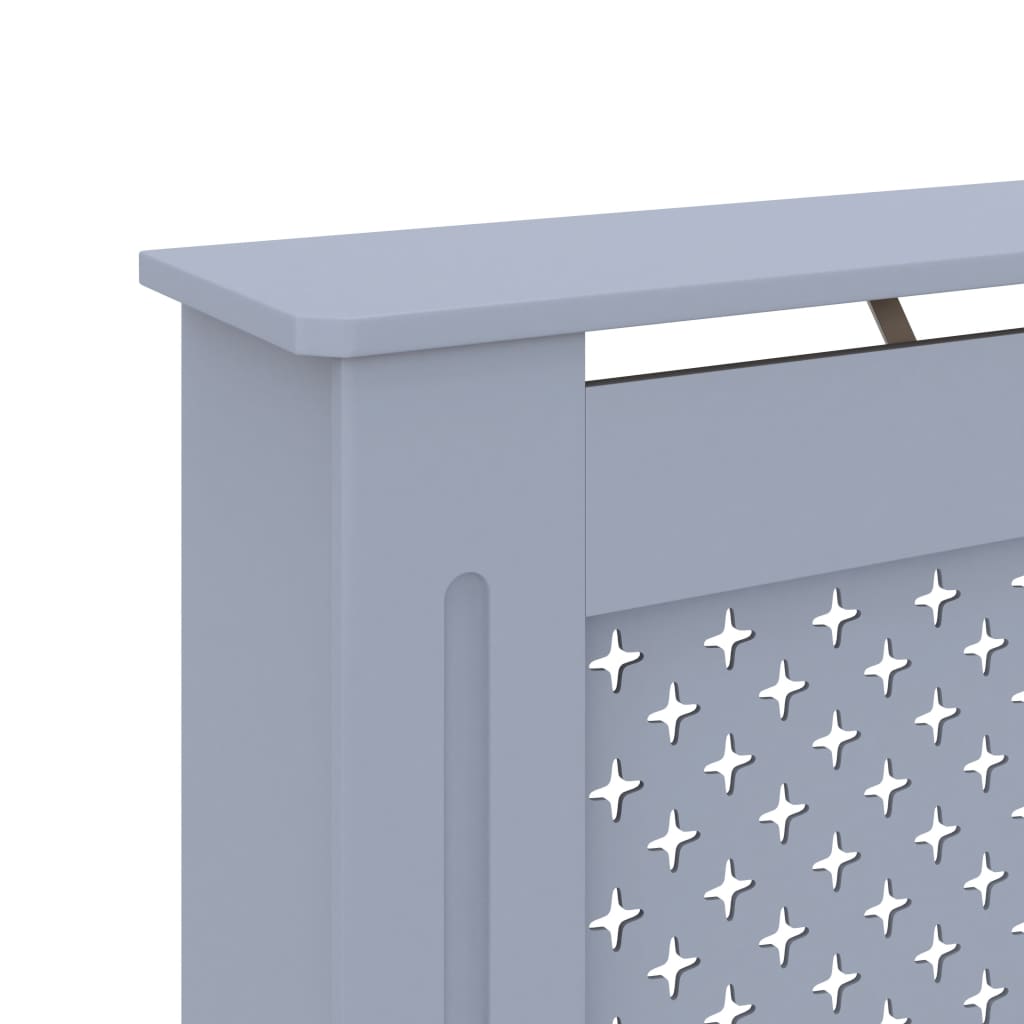 Anthracite MDF radiator cover with slatted front panel and top shelf, sized 67.7x7.5x32.1 cm.