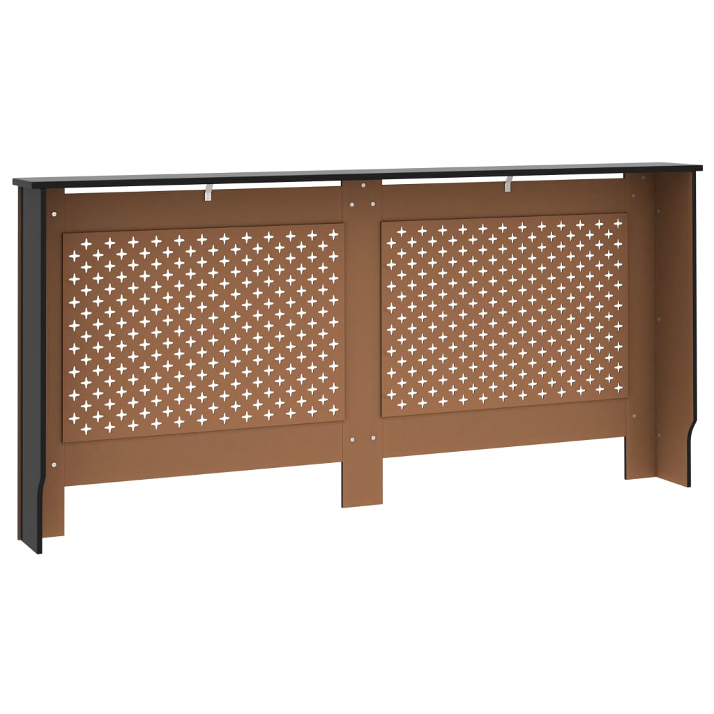 Black MDF radiator cover with slatted honeycomb front, 67.7 by 7.5 by 32.1 cm.
